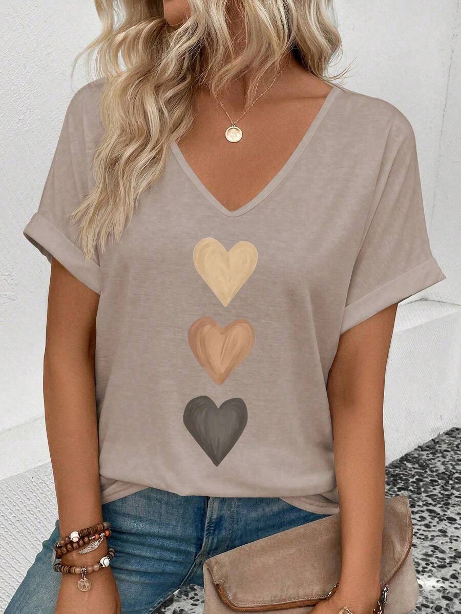 Damen T-Shirt mit V-Ausschnitt und ausgestellten Ärmeln, Ombre-Herz-Print, Lässig, Vielseitig, Frühling/Sommer