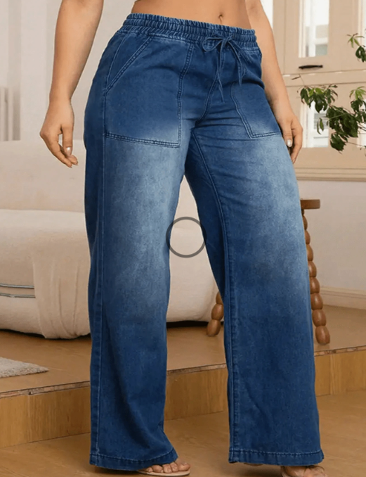 Modische, vielseitige Damen-Jeans mit weitem, geradem Bein, Gesäßtaschen und Gummibund
