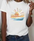Damen T-Shirt mit Sonnenaufdruck, lässig, vielseitig, Rundhalsausschnitt, kurze Ärmel