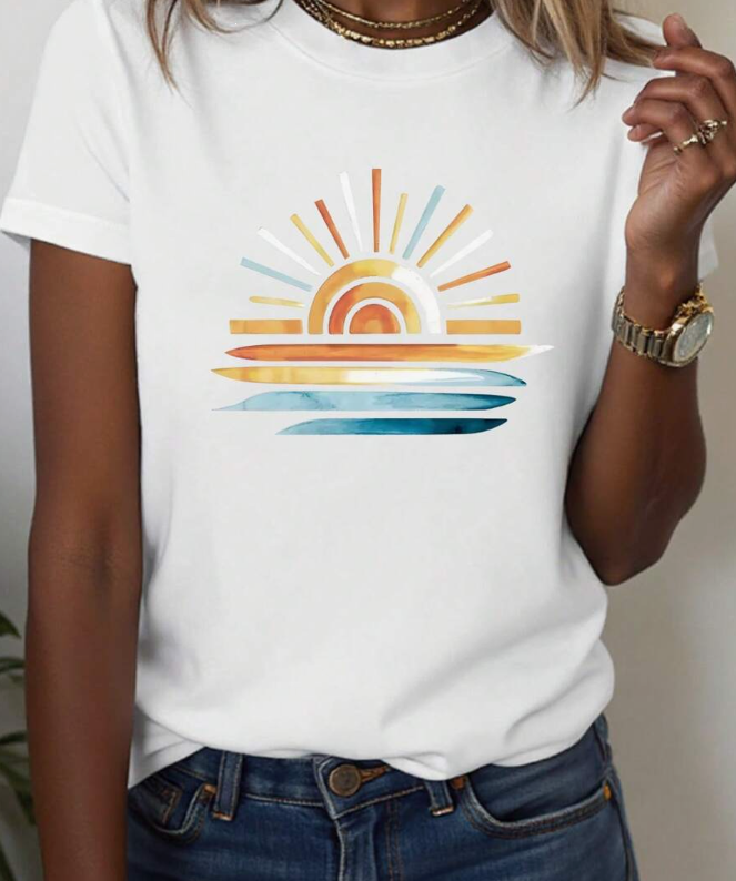 Damen T-Shirt mit Sonnenaufdruck, lässig, vielseitig, Rundhalsausschnitt, kurze Ärmel