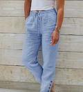 Einfarbige Hose mit geradem Bein, Knopfleiste und Spitzen-Patchwork