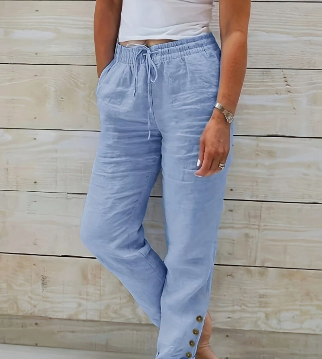 Solid Color Button Pocket Straight Leg Pants With Lace Patchwork