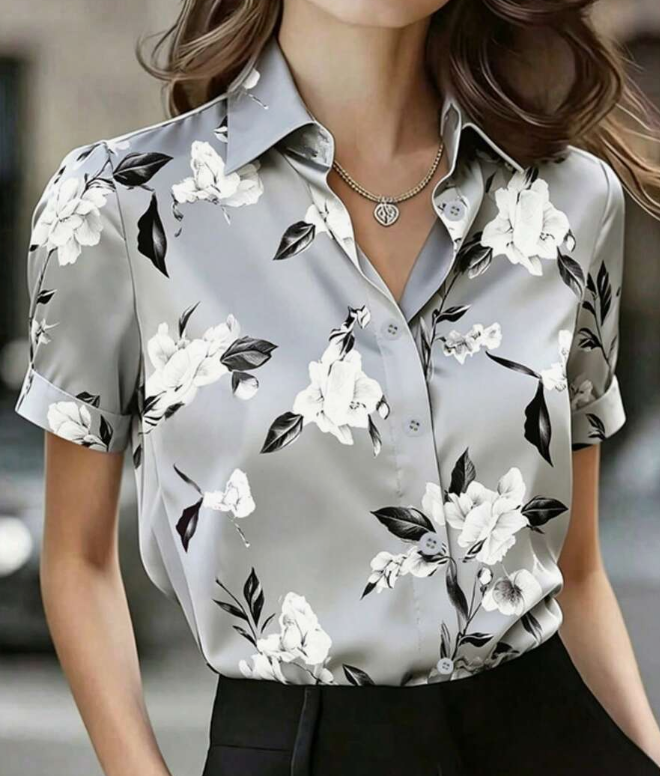 Women's Floral Print Casual Single-Breasted Short Sleeve Shirt