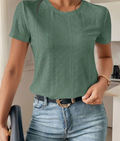 Solid Eyelet Embroidery Round Neck Tee,Summer Top